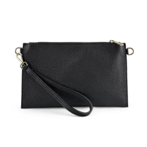 Ensemble sac pochette noir et porte-carte en cuir grainé pour femme