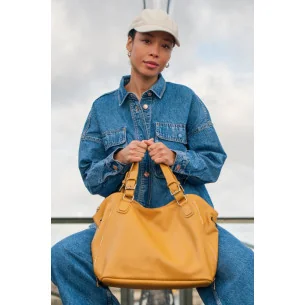 sac cabas porté épaule en cuir grainé jaune tendance avec bandoulière