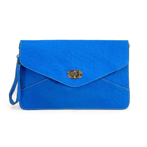 Pochette XL en cuir néon façon autruche pour femme bleu fluo