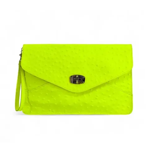 Pochette XL en cuir néon façon autruche pour femme bleu fluo