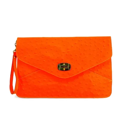 Pochette XL en cuir néon façon autruche pour femme bleu fluo