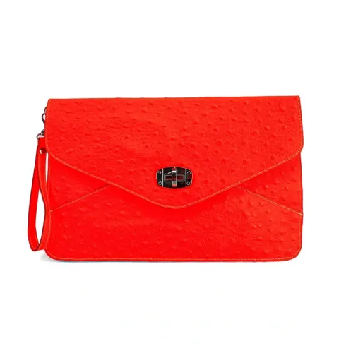 Pochette XL en cuir néon façon autruche pour femme bleu fluo