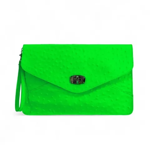 Pochette XL en cuir néon façon autruche pour femme bleu fluo