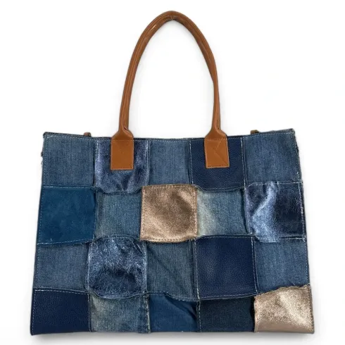 Grand sac cabas en patchwork de toile denim et cuir camel