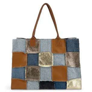 Grand sac cabas en patchwork de toile denim et cuir camel