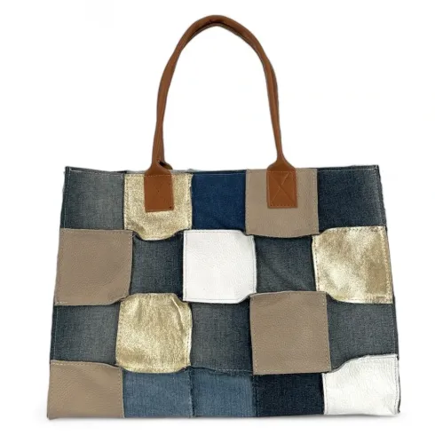 Grand sac cabas en patchwork de toile denim et cuir camel