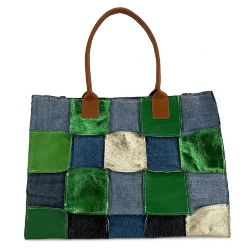 Grand sac cabas en patchwork de toile denim et cuir camel