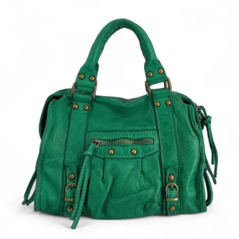 Sac à main en cuir femme vintage souple porté épaule avec bandoulière amovible vert kaki sac trapèze italien