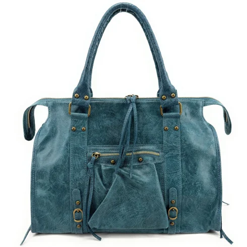 sac bowling tendance en cuir italien brossé pur de vachette bleu canard