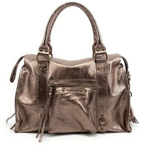 sac bowling tendance pour femme en cuir métallisé couleur champagne