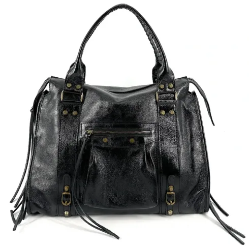 sac de bureau élégant pour femme en cuir noir pur vachette italien brillant