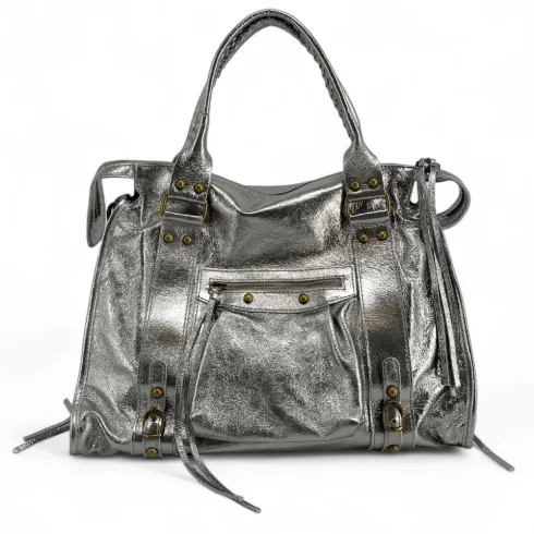 sac à main pour femme en cuir métallisé gris foncé pur vachette italien