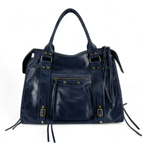 grand sac à main en cuir bleu marine pur de vachette italien pour femme