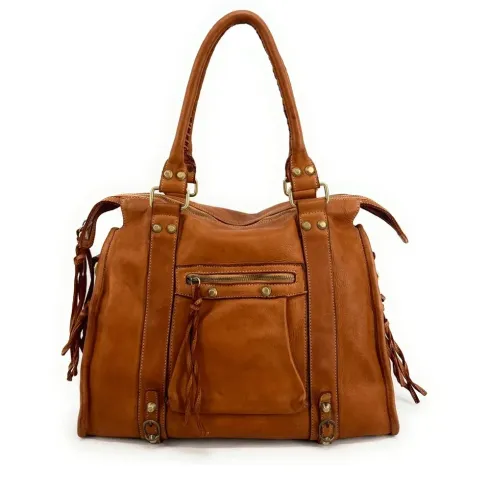 grand sac à main tendance femme en cuir vintage tannage végétal marron camel