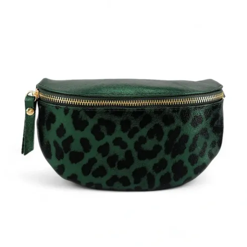 sac banane tendance femme en cuir brillant imprimé léopard vert foncé