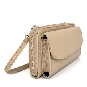 pochette portefeuille à bandoulière tendance femme en cuir grainé taupe clair