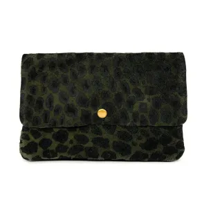 pochette à bandoulière à motifs léopard vert kaki pour femme en cuir daim nubuck