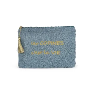 trousse pour femme forme pochette en peluche bleu glacier à pompon