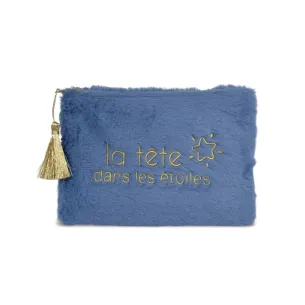 Trousse pochette en fausse fourrure pour femme bleu denim avec motif