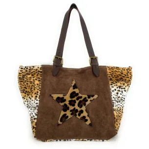 sac cabas en cuir nubuck et fausse fourrure marron choco