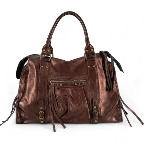 sac cours rentree en cuir metallise chocolat marron fonce glossy