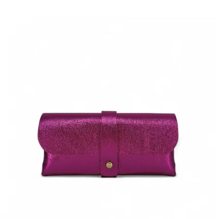 étui à lunettes pochette brillant pour femme en cuir fuchsia métallisé pur vachette