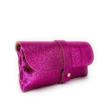 mini pochette à lunettes femme en cuir irisé italien rose fuchsia pur de vachette