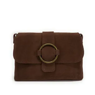 sac pochette type trotteur à bandoulière femme marron foncé en cuir nubuck