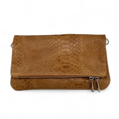 sac pochette en cuir embossé python marron camel tendance