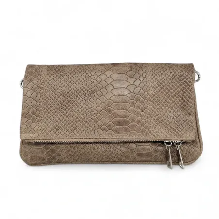 sac pochette femme en cuir italien à motifs python taupe porté main avec bandoulière