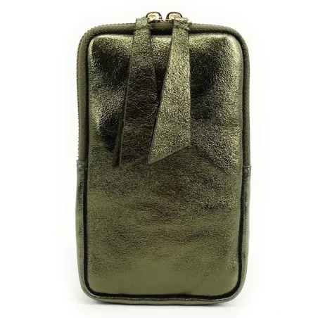 Sac pochette femme tendance en cuir nubuck irisé porté bandoulière ou tour du cou vert kaki irisé