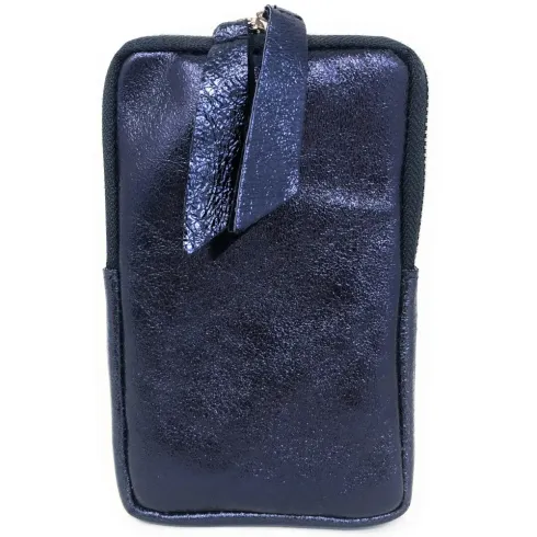 Sac pochette tour du cou en cuir nubuck brillant bleu paon