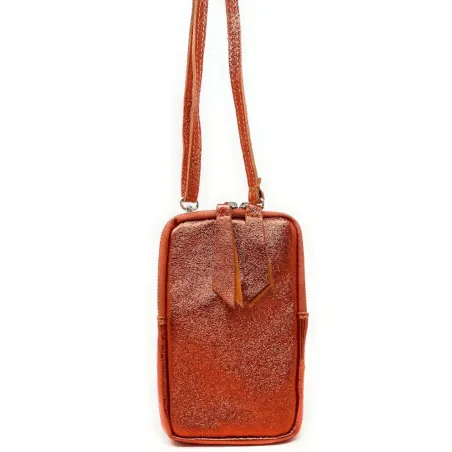 Sac pochette femme tendance en cuir nubuck irisé porté bandoulière ou tour du cou orange irisé