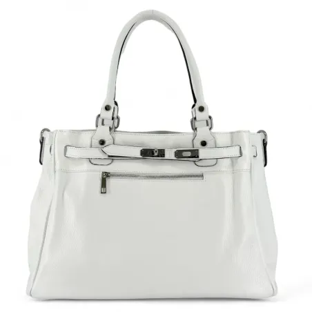 sac de cours en cuir grainé femme porté main blanc avec bandoulière