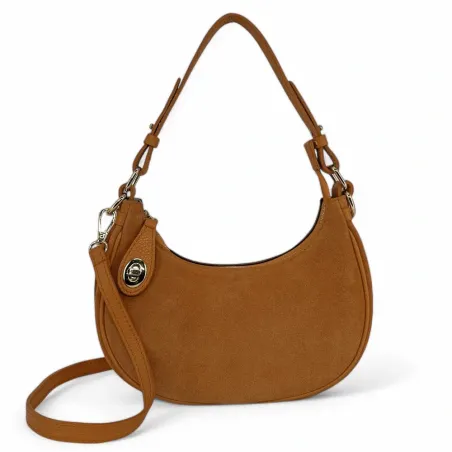 sac à main bi-matière en cuir italien pur de vachette pour femme marron camel