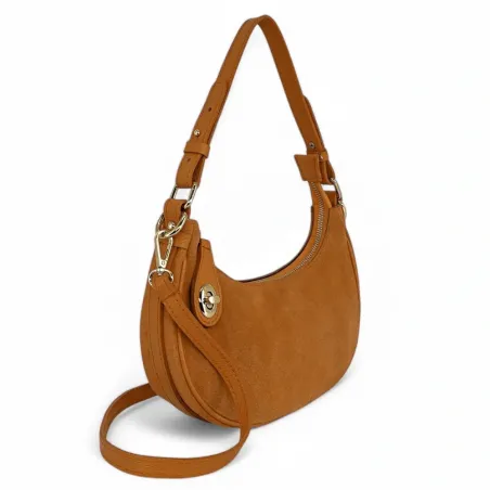 sac à main forme croissant marron camel clair en cuir grainé et cuir nubuck