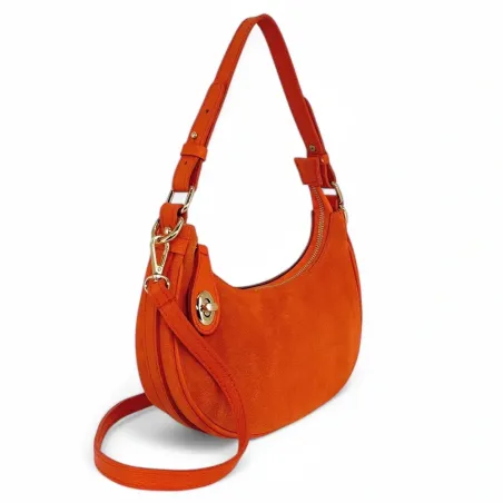 sac à main orange forme croissant en cuir grainé et cuir nubuck