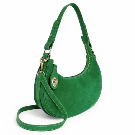 sac à main vert anglais forme croissant en cuir grainé et cuir nubuck