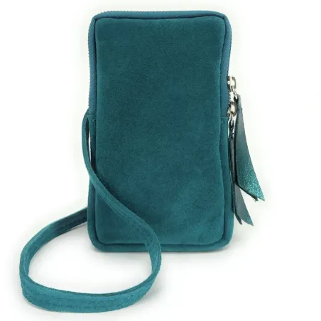 Sac pochette tendance femme en cuir nubuck porté bandoulière ou tour du cou bleu canard