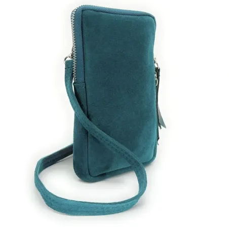 Sac très tendance femme en cuir nubuck italien porté tour du cou avec bandoulière réglable bleu canard