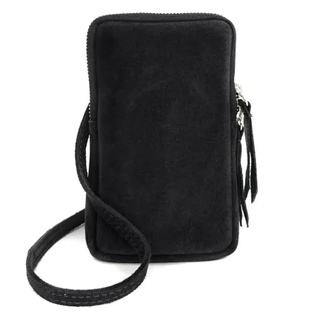 Sac pochette femme tendance en cuir nubuck porté bandoulière ou tour du cou noir