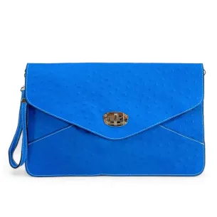 Pochette XL en cuir néon façon autruche pour femme bleu fluo