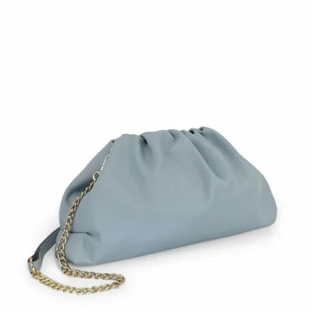 sac pochette bourse en cuir sauvage bleu pastel avec chaînette dorée