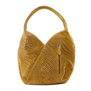 Sac à main très tendance femme en cuir embossé tressage porté épaule cognac