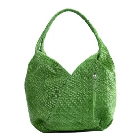 Sac hobo femme très tendance en cuir à motif tressés porté épaule vert pomme