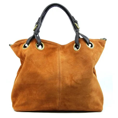 Sac à main cabas femme tendance en cuir italien nubuck porté main épaule et bandoulière rouge clair