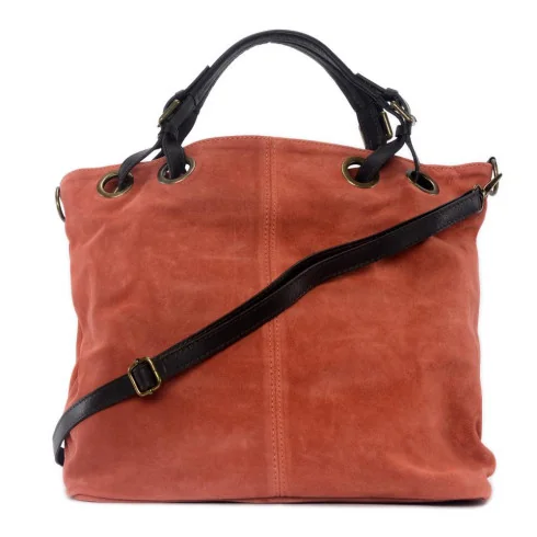 Sac à main cabas femme tendance en cuir italien nubuck porté main épaule et bandoulière rouge clair