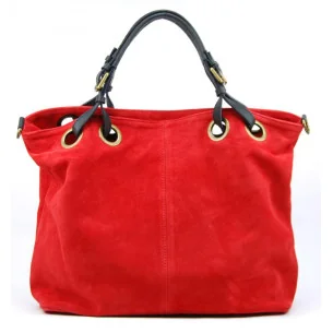 Sac à main cabas femme tendance en cuir italien nubuck porté main épaule et bandoulière rouge clair