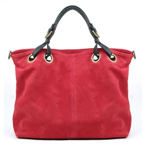 Sac à main cabas femme tendance en cuir italien nubuck porté main épaule et bandoulière rouge clair