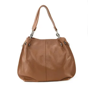 Sac à main tendance femme en cuir grainé porté main épaule de travers ou bandoulière cognac